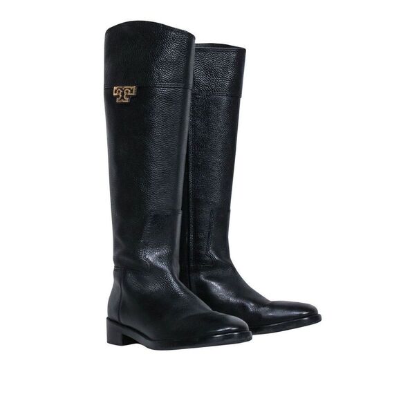 Tory Burch Black Pebbled Leather Knee High Riding Boots W/Gold Logo Womens 7 - Picture 1 of 12